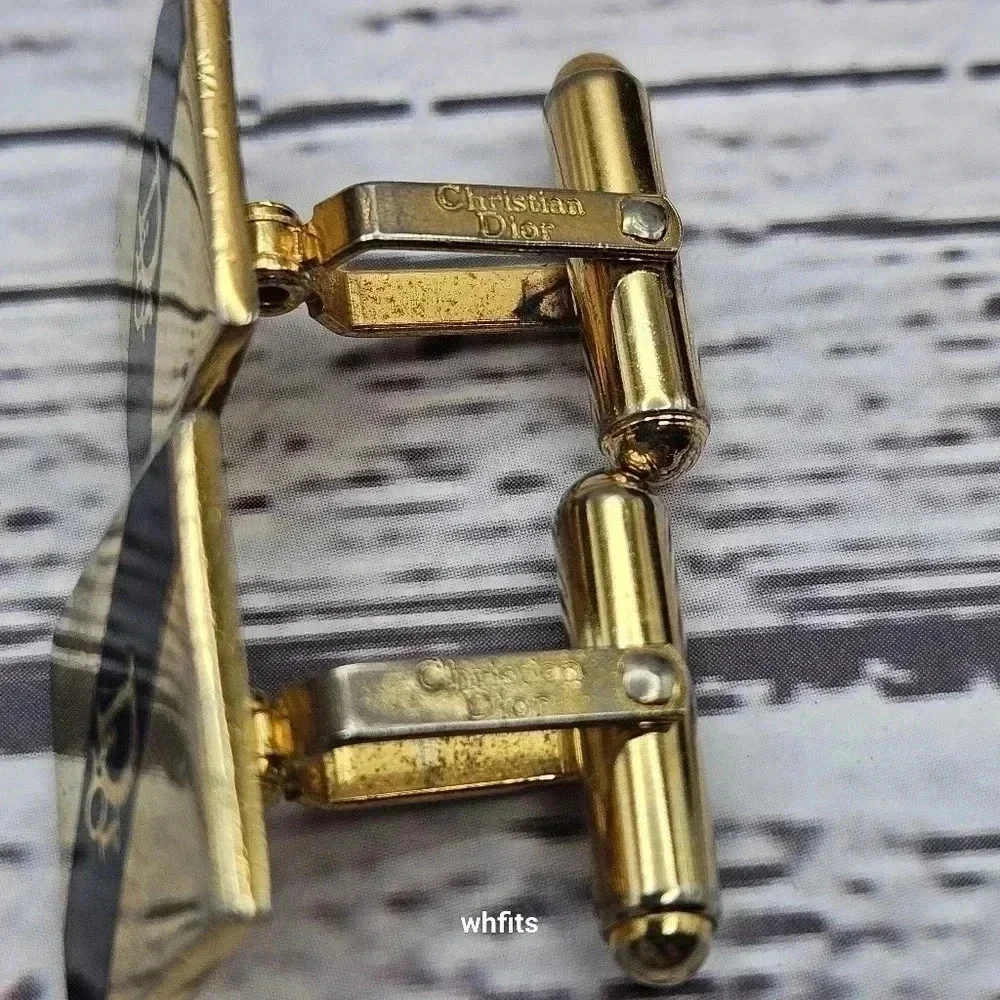 Christian Dior Gold and Navy Blue Logo Cufflinks Vintage with Box - Picture 2 of 3